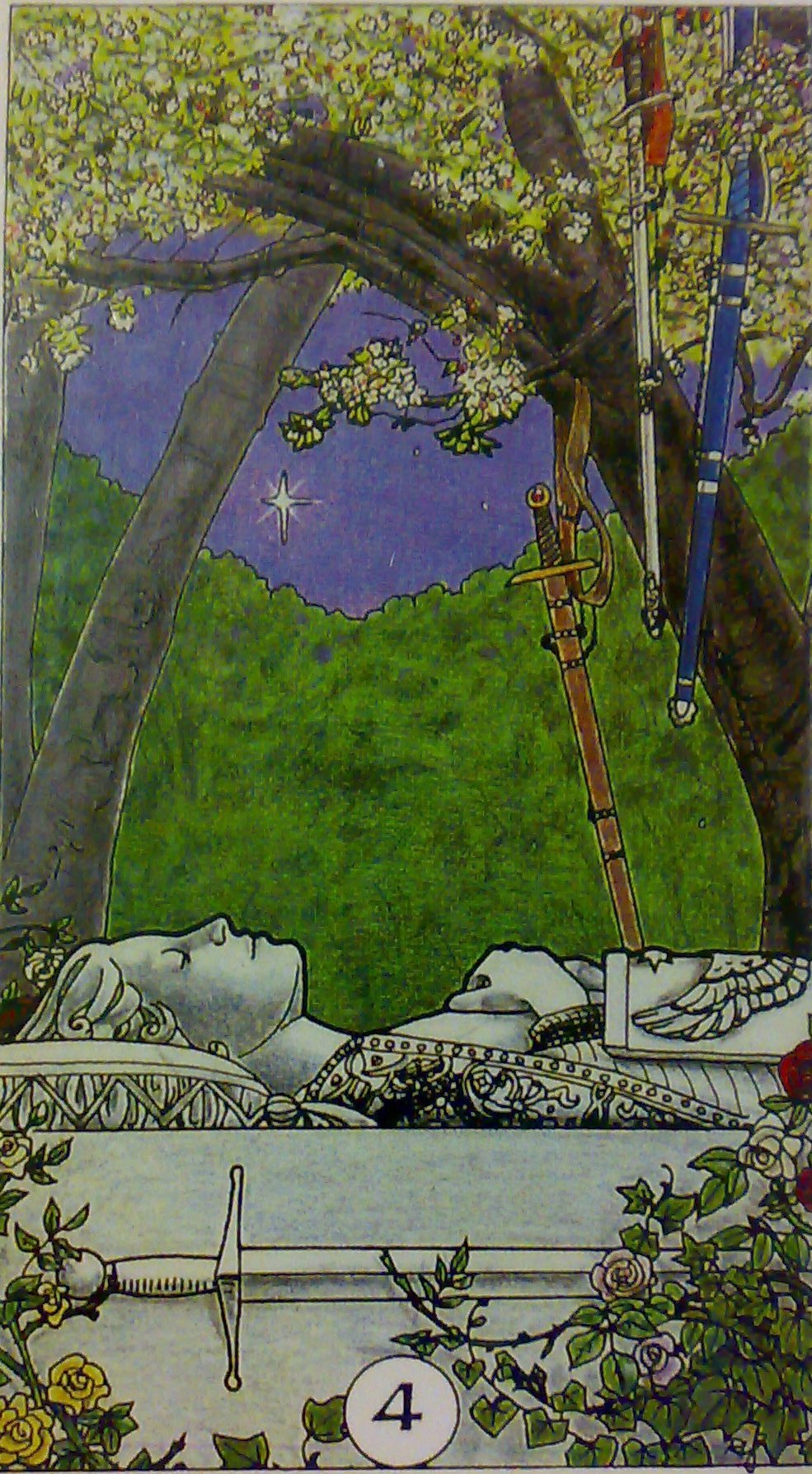 karty, výklad karet, tarot, kartářka, malá arkána, meče, čtyři meče, nemoc, dovolená, pauza, mrtvý bod, tarot robin wood