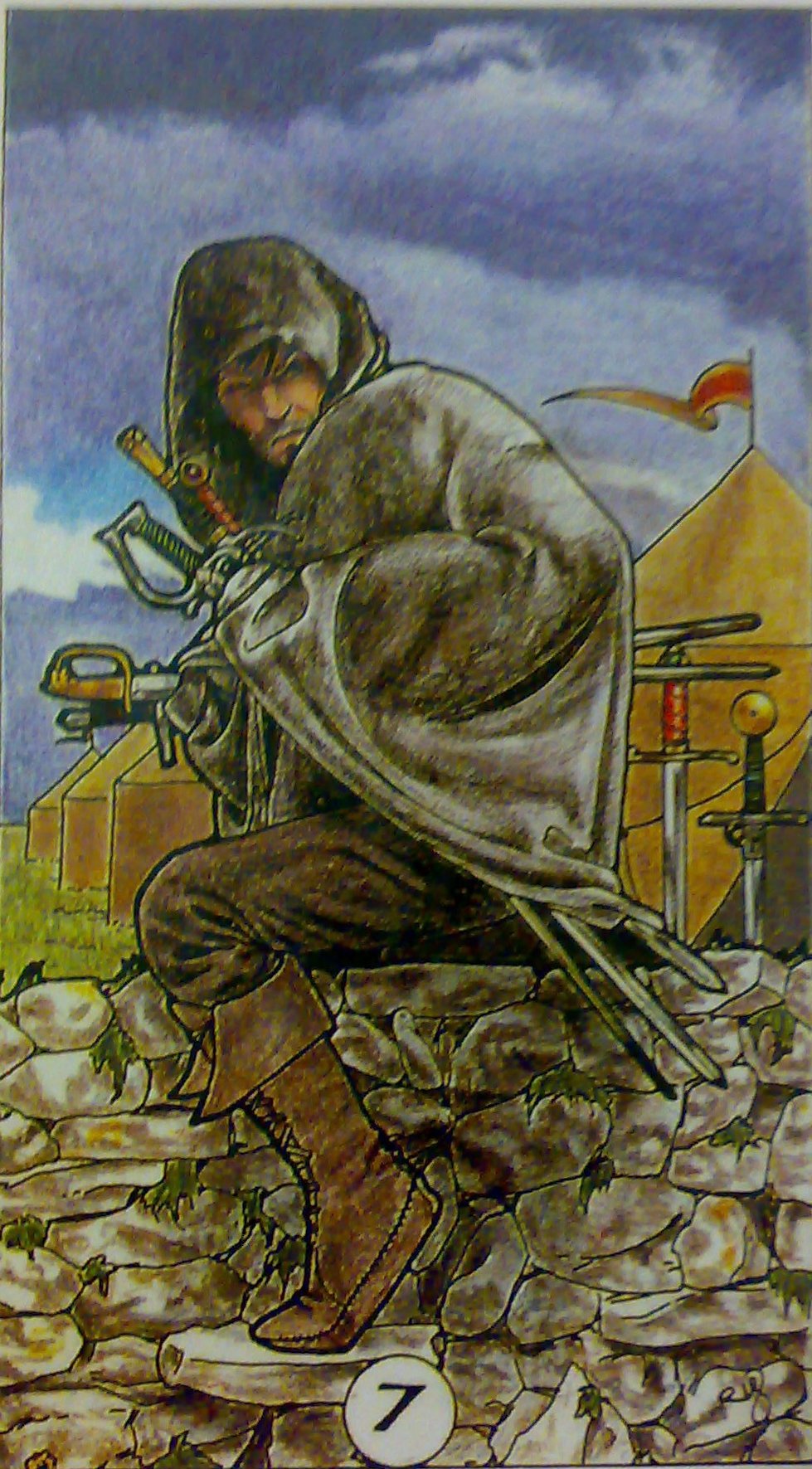 karty, výklad karet, tarot, kartářka, malá arkána, meče, sedm mečů, únik, útěk, tarot robin wood