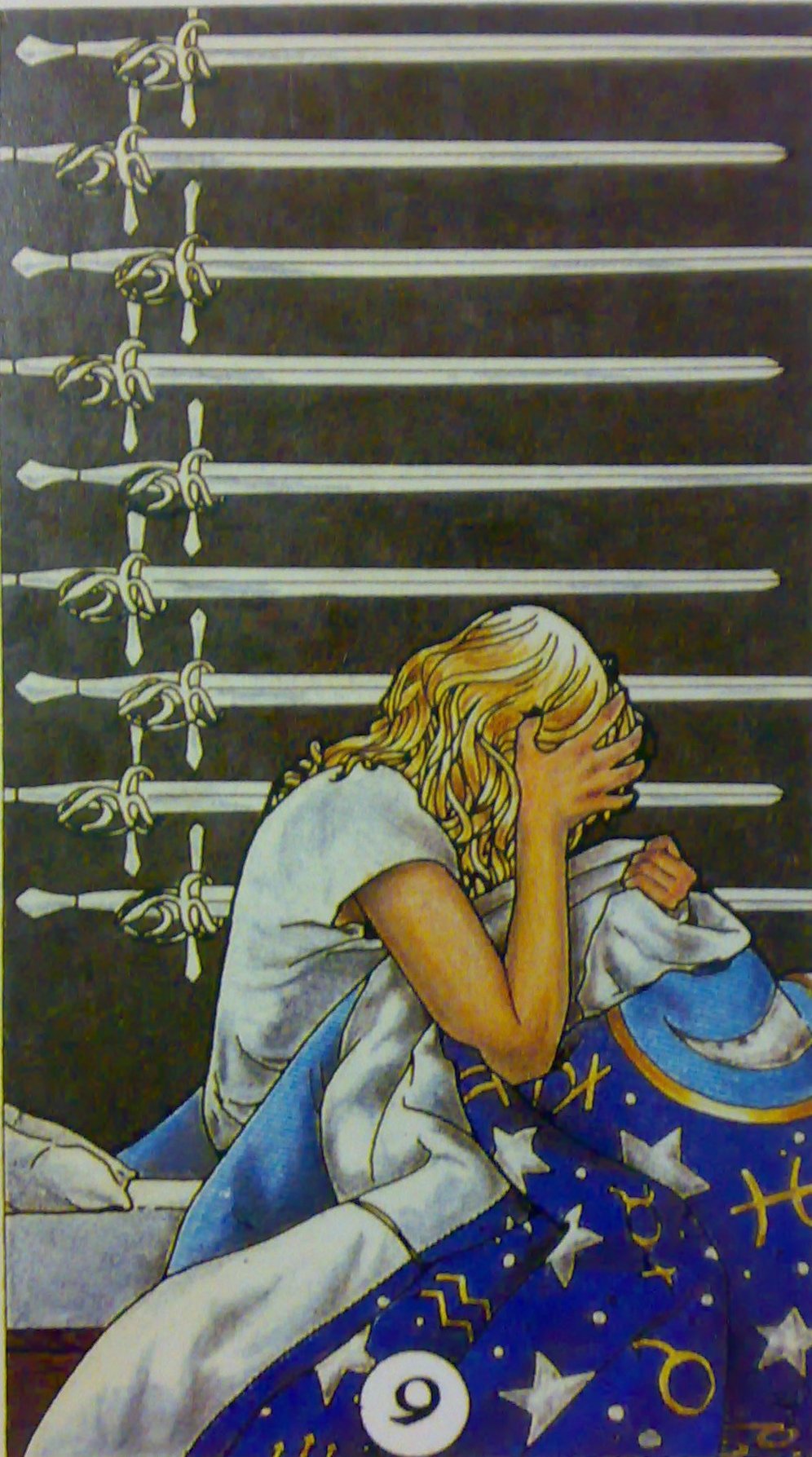 karty, výklad karet, tarot, kartářka, malá arkána, meče, devět mečů, stres, trápení, výčitky svědomí, tarot robin wood
